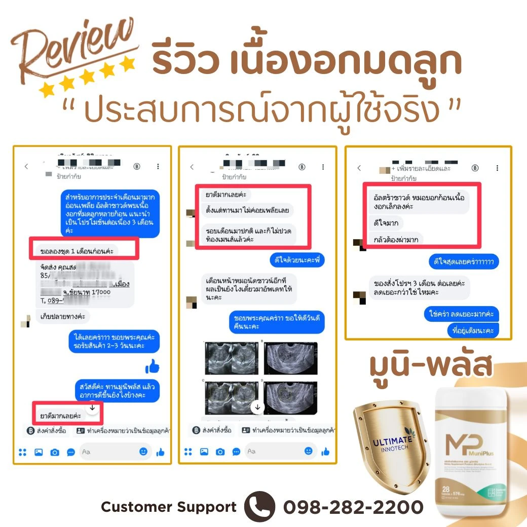 Muni plus มูนิพลัส ก้อนเนื้อ เนื้องอก มะเร็งเต้านม มะเร็งมดลูก มะเร็งรังไข่ เนื้องอกรังไข่ ภูมิแพ้ ไวรัส แบคทีเรีย อาหารเสริม วิตามิน สารสกัด สารอาหาร ปวดท้อง ปวดประจำเดือน